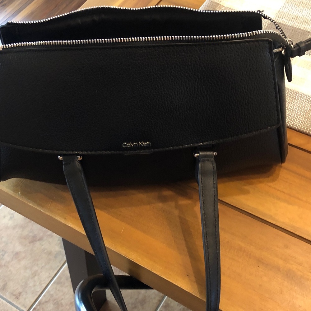 Calvin Klein Black Pebbled Leather Messenger Bag with Silver Hardware